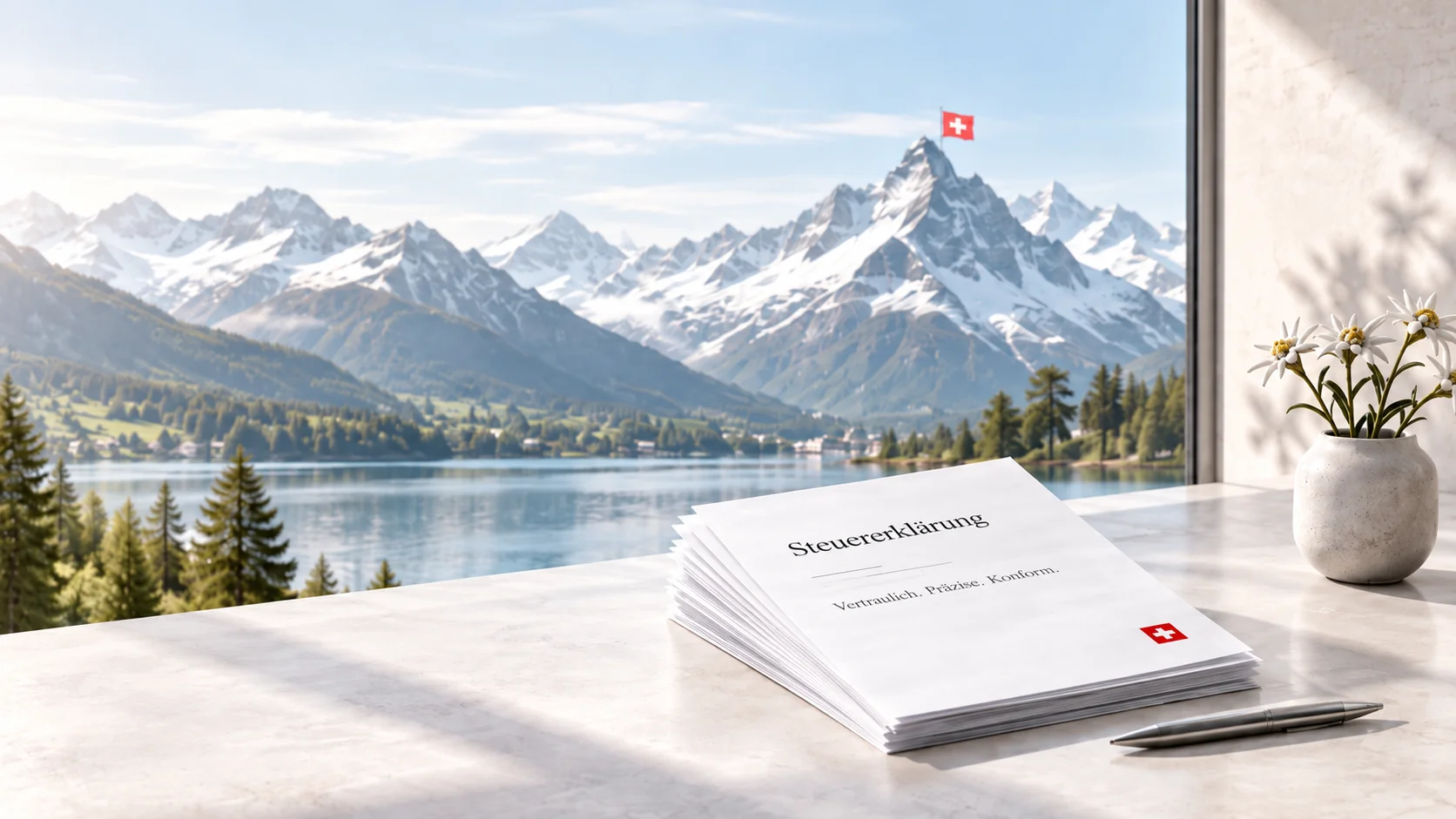 Ein Schreibtisch vor einem See und Gipfeln, mit einem Stapel Blätter mit der Aufschrift Déclaration fiscale.