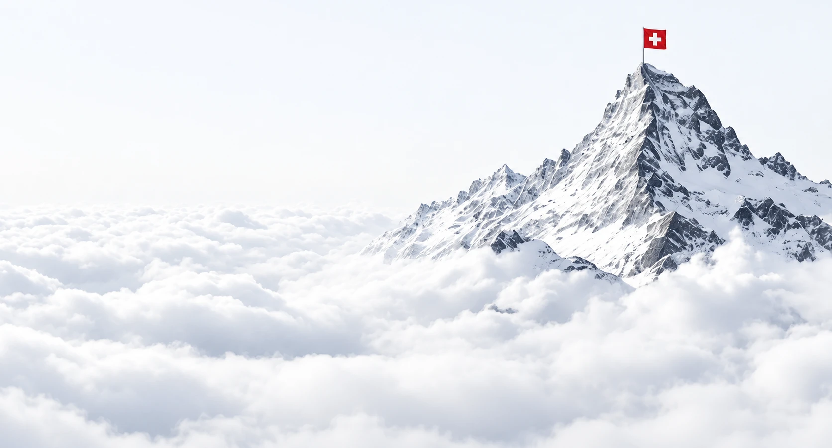 Un sommet enneigé et un drapeau suisse, au-dessus des nuages.